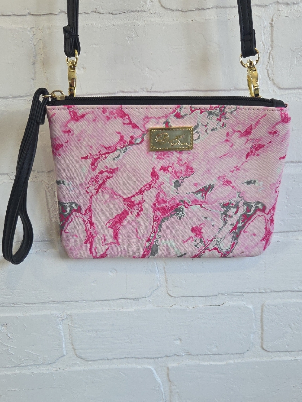 Pink Marble-Print Wristlet Crossbody with Gold Plaque